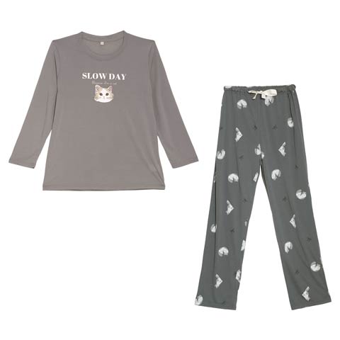 チャーミングキャットトップス&ロングパンツルームウェア(グレー-M)