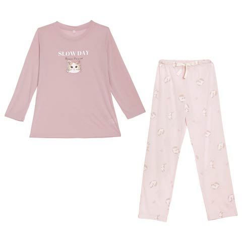 チャーミングキャットトップス&ロングパンツルームウェア(ピンク-M)