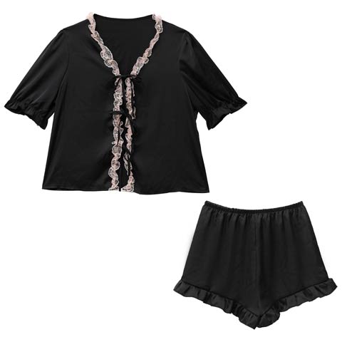 クラシカルフリルリボントップス&ショートパンツルームウェア(ブラック-M)