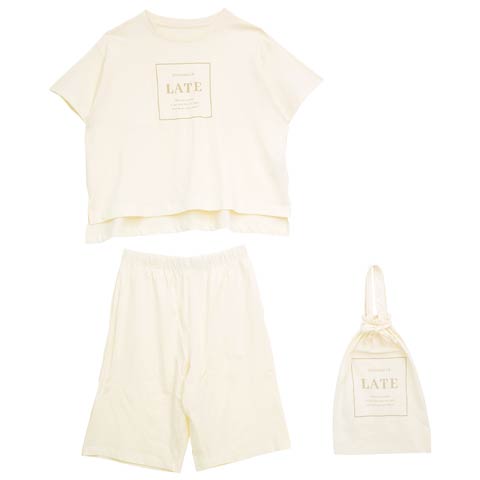 ナチュラルロゴ半袖Tシャツ&膝丈パンツルームウェア[持ち運び用巾着付き](アイボリー-ML)