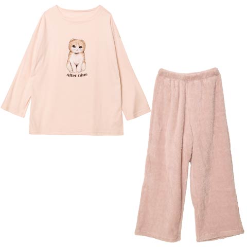 11/19新作!チャーミングキャット長袖トップス&ふわふわロングパンツルームウェア(ピンク-フリー)