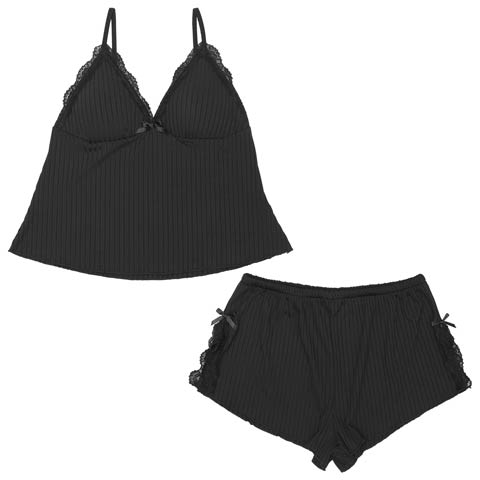 プリーツレーススリットキャミソール＆タップパンツルームウェア(ブラック-M)