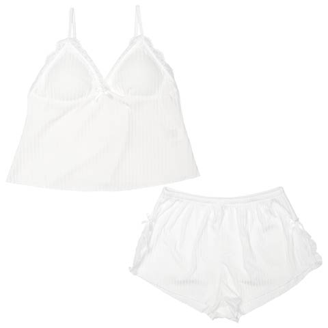 プリーツレーススリットキャミソール＆タップパンツルームウェア(ホワイト-M)