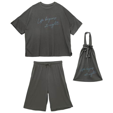 巾着付き五分袖ロゴトップス&ハーフパンツルームウェア(チャコール-ML)