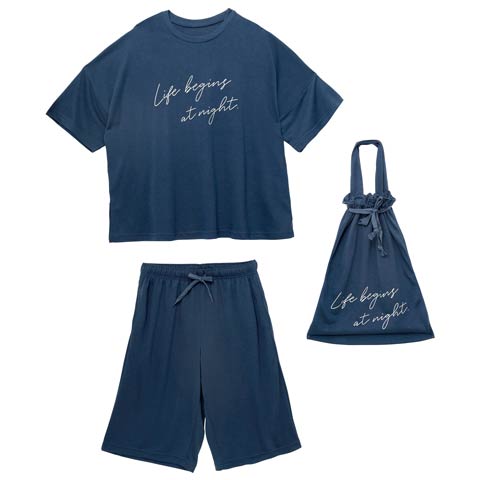 巾着付き五分袖ロゴトップス&ハーフパンツルームウェア(ネイビー-ML)