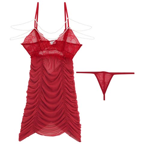 12/11再販!パールビジューギャザーレーシィベビードール(レッド-フリー)