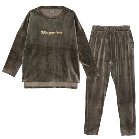 11/26新作!パールシャギーロゴトップス&ロングパンツルームウェア(カーキ-フリー)