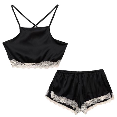 バッククロスヘムレースキャミソール&タップパンツルームウェア(ブラック-フリー)