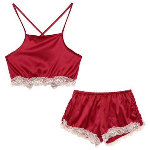 バッククロスヘムレースキャミソール&タップパンツルームウェア(レッド-フリー)