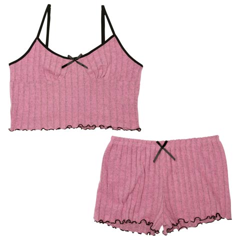 パイピングリボンストライプキャミソール&ショートパンツルームウェア(ピンク-フリー)