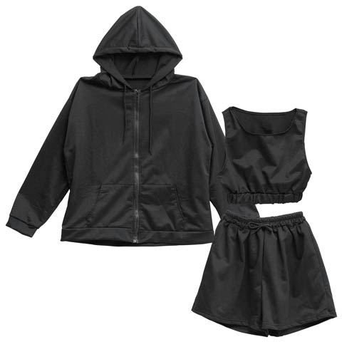 【3点セット】ハーフタンクトップ＆ショートパンツ＆パーカールームウェア(ブラック-M)