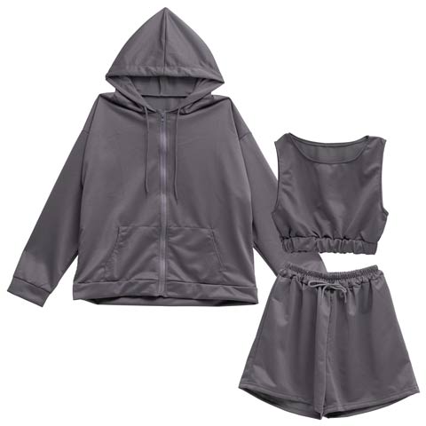 【3点セット】ハーフタンクトップ＆ショートパンツ＆パーカールームウェア(チャコール-M)
