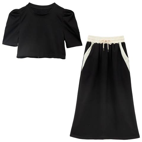 バイカラークロップドトップス&ロングスカートセットアップ(ブラック-フリー)