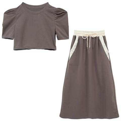 バイカラークロップドトップス&ロングスカートセットアップ(グレー-フリー)