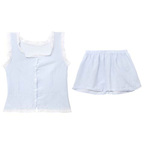 ストライプレーストップス&ショートパンツルームウェア(ブルー-フリー)
