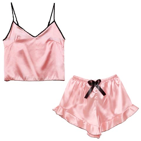 パイピングフリルサテンキャミソール&ショートパンツルームウェア(ピンク-フリー)