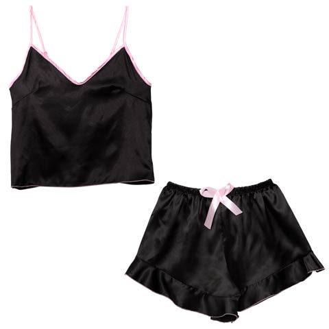 パイピングフリルサテンキャミソール&ショートパンツルームウェア(ブラック-フリー)