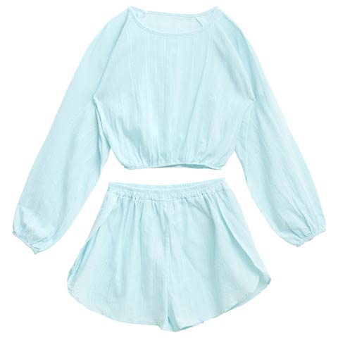 パステルケーブルストライプクロップド丈スウェットトップス&ショートパンツルームウェア［週末セール］(サックス-フリー)