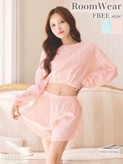 パステルケーブルストライプクロップド丈スウェットトップス&ショートパンツルームウェア