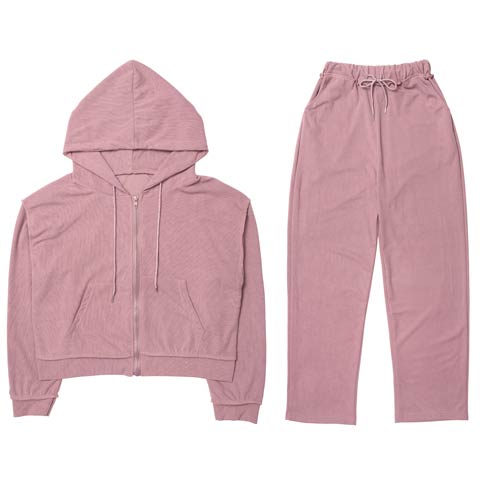 クロップド丈フード付きジッパートップス&ショートパンツルームウェア(ピンク-フリー)