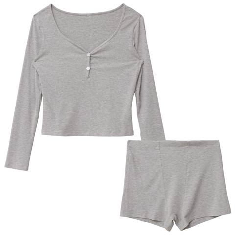 12/4再販!Vネックボタンリブ長袖トップス&ショートパンツルームウェア(グレー-フリー)