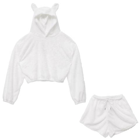 10/31新作!クマ耳モコモコフーディートップス&ショートパンツルームウェア(ホワイト-フリー)