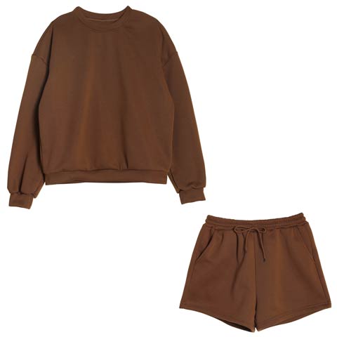 10/8新作!ワンカラー長袖プルオーバー&ショートパンツルームウェア(ブラウン-フリー)