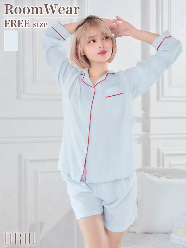 バイカラーパイピングシャツトップス&ショートパンツルームウェア