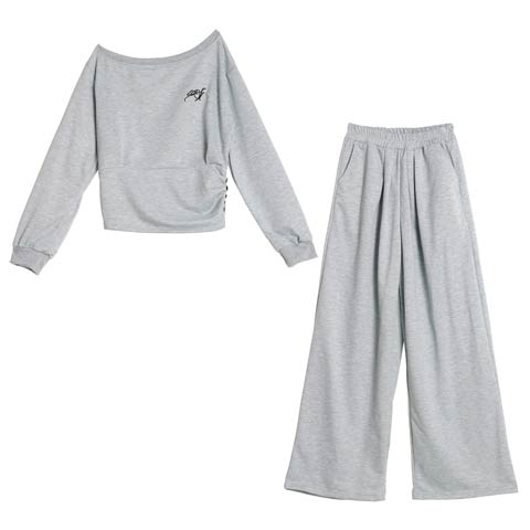 10/20新作!ルーズオフショルダートップス&ワイドパンツルームウェア(グレー-M)