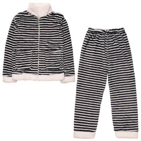 12/5新作!もこもこバイカラーボーダージップトップス&ロングパンツルームウェア(ブラック-フリー)