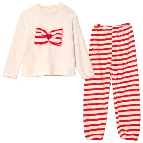 12/1新作!キャンディリボンボーダーもこもこトップス&ロングパンツルームウェア(ホワイト-フリー)