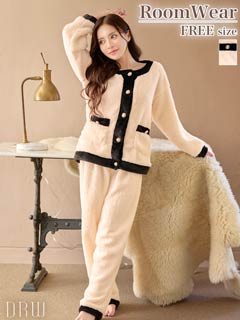 12/3新作!バイカラーパイピングもこもこトップス&ロングパンツルームウェア