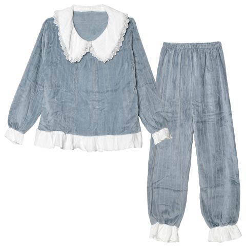 12/3新作!ビッグカラーフリルもこもこトップス&ロングパンツルームウェア(ブルー-フリー)