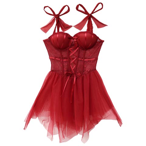 1/16新作!レースアップリボンショルダーベビードール(ワインレッド-フリー)