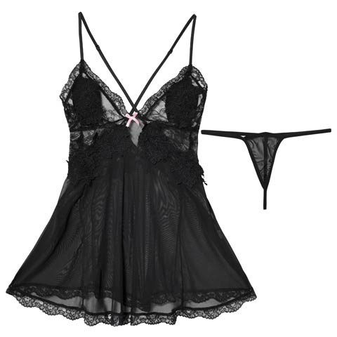 1/23新作!ダブルレースシフォンベビードール(ブラック-フリー)