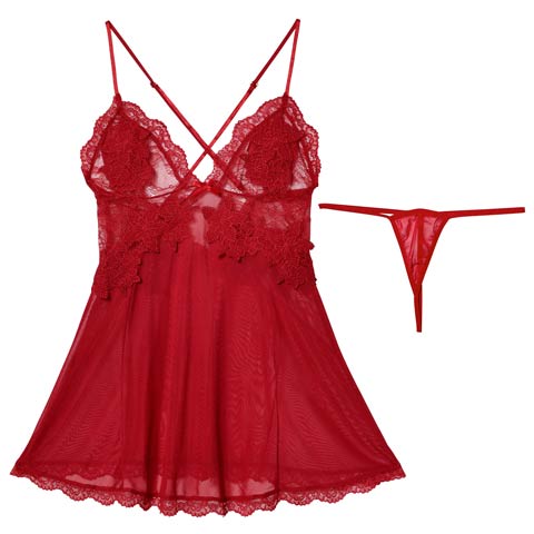 1/23新作!ダブルレースシフォンベビードール(ワインレッド-フリー)