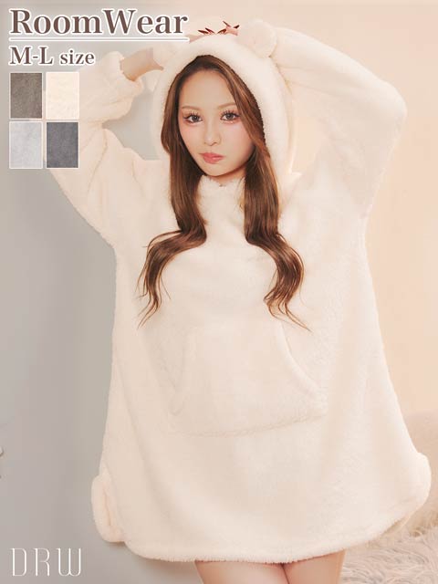 12/8新作!くま耳フードもこもこワンピースルームウェア