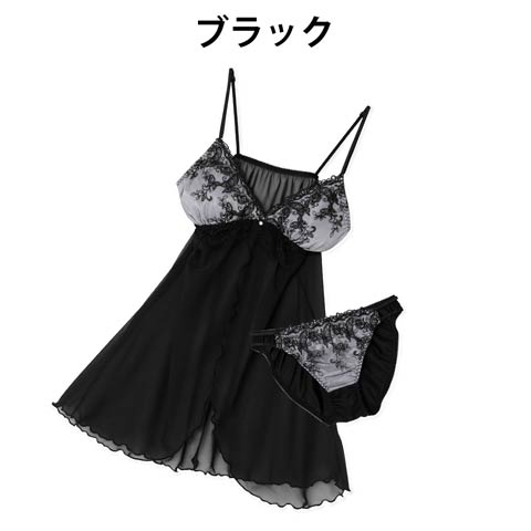 butterfly刺繍×ブラックレースベビードール(ブラック-M/ショーツM)