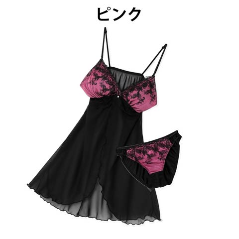 butterfly刺繍×ブラックレースベビードール(ピンク-M/ショーツM)
