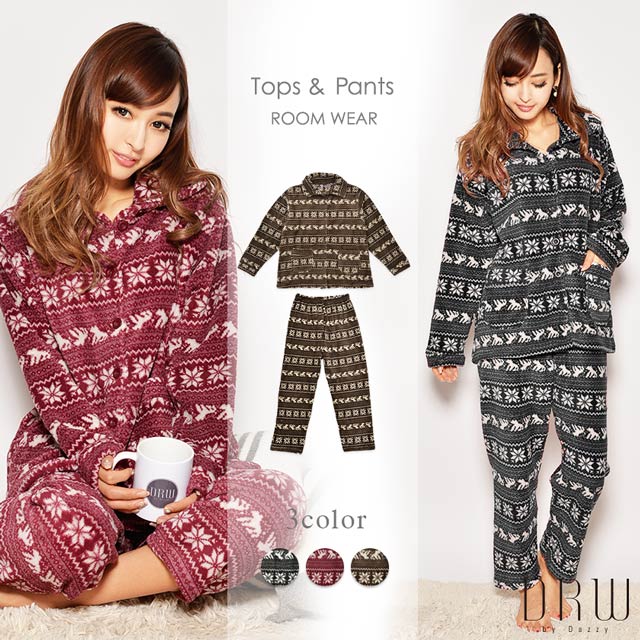 ノルディック柄モコモコ襟付トップス＆ロングパンツルームウェア