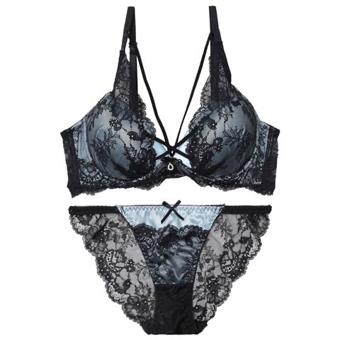 ビターサテンコード育乳脇高ブラジャー&バック透けフルバックショーツ［激売れ］(ブルー-A65/ショーツM)