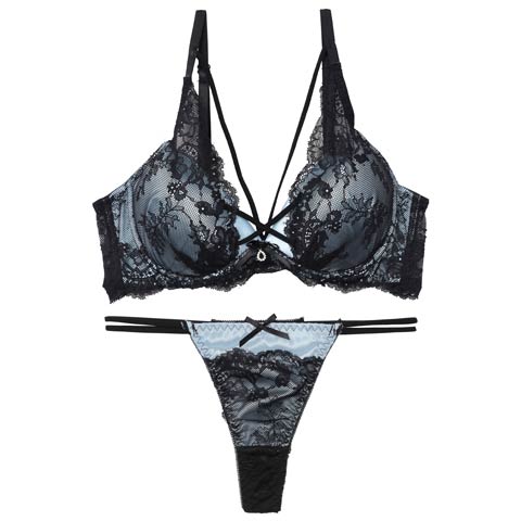 ビターサテンコード育乳脇高ブラジャー&バック透けTバックショーツ［激売れ］(ブルー-A65/ショーツM)