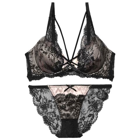 【EFサイズ】ビターサテンコード育乳脇高ブラジャー&バック透けフルバックショーツ［大人気］(シャンパンゴールド-E65/ショーツM)
