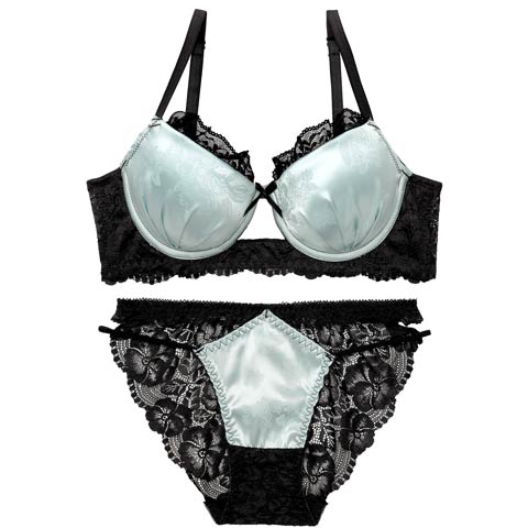 4/3新作!グロッシーサテンレース育乳脇高ブラジャー&バック透けフルバックショーツ［激売れ］(ミント-A65/ショーツM)