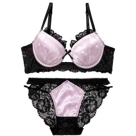 4/3新作!【EFサイズ】グロッシーサテンレース育乳脇高ブラジャー&バック透けフルバックショーツ［大人気］(パープル-E65/ショーツM)