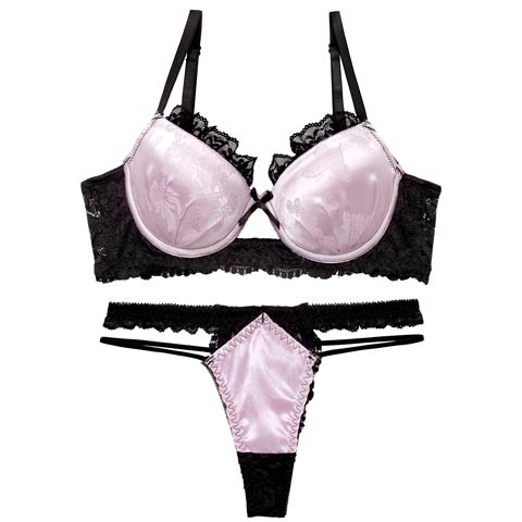 4/3新作!【EFサイズ】グロッシーサテンレース育乳脇高ブラジャー&バック透けTバックショーツ［大人気］(パープル-E65/ショーツM)