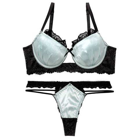 4/3新作!【EFサイズ】グロッシーサテンレース育乳脇高ブラジャー&バック透けTバックショーツ［大人気］(ミント-E65/ショーツM)