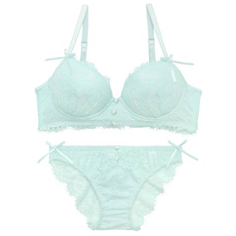 【かとゆり着用】スウィートレースボタン育乳脇高ブラジャー&バック透けフルバックショーツ［激売れ］(ミント-B65/ショーツM)