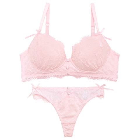 【かとゆり着用】スウィートレースボタン育乳脇高ブラジャー&バック透けTバックショーツ［激売れ］(ピンク-B65/ショーツM)