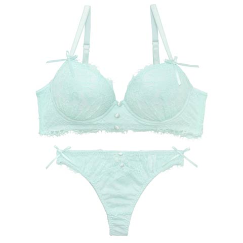 【かとゆり着用】スウィートレースボタン育乳脇高ブラジャー&バック透けTバックショーツ［激売れ］(ミント-B65/ショーツM)